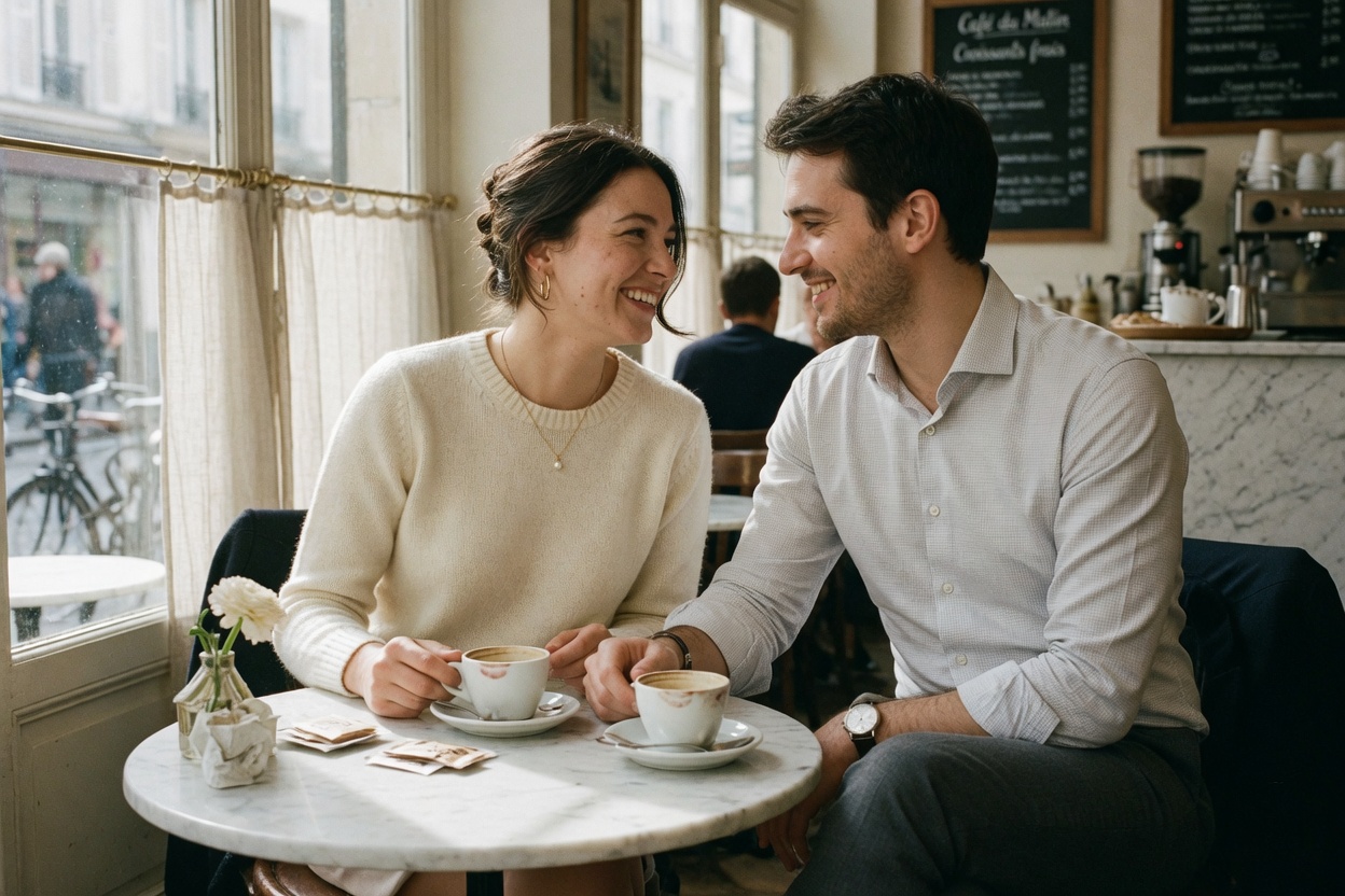 A couple sharing coffee and a genuine conversation in a sunlit café