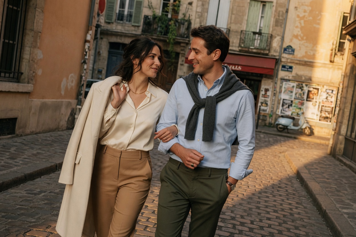 A couple walking together on a European cobblestone street at golden hour